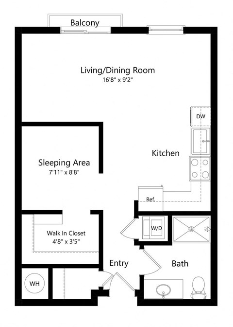 a 2D floorplan of the studio Bradford at The Conrad in Omaha, NE 68105